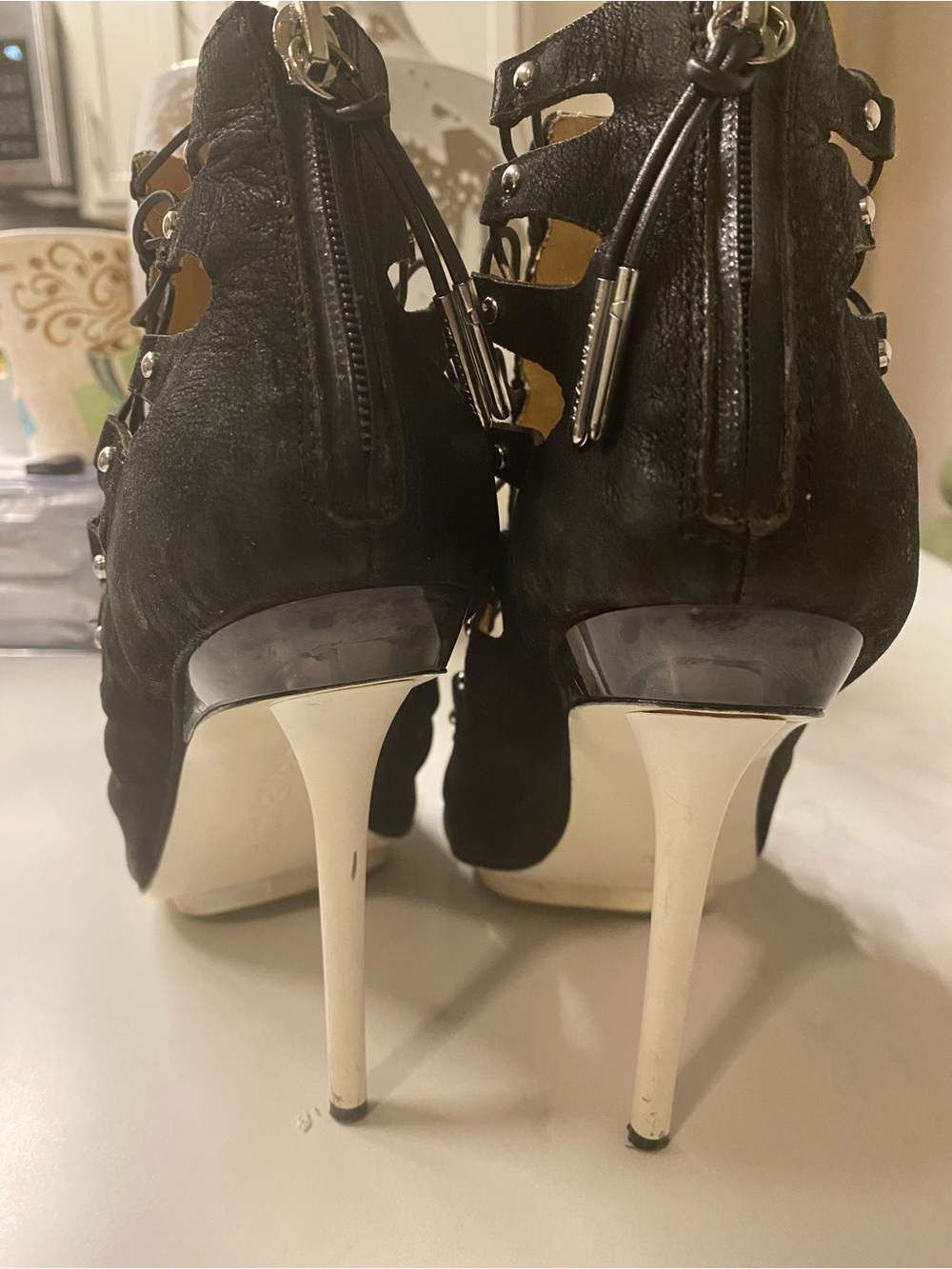 Black Strappy Cage High-Heel Sandals with Stud Detail - Picture 3 of 6